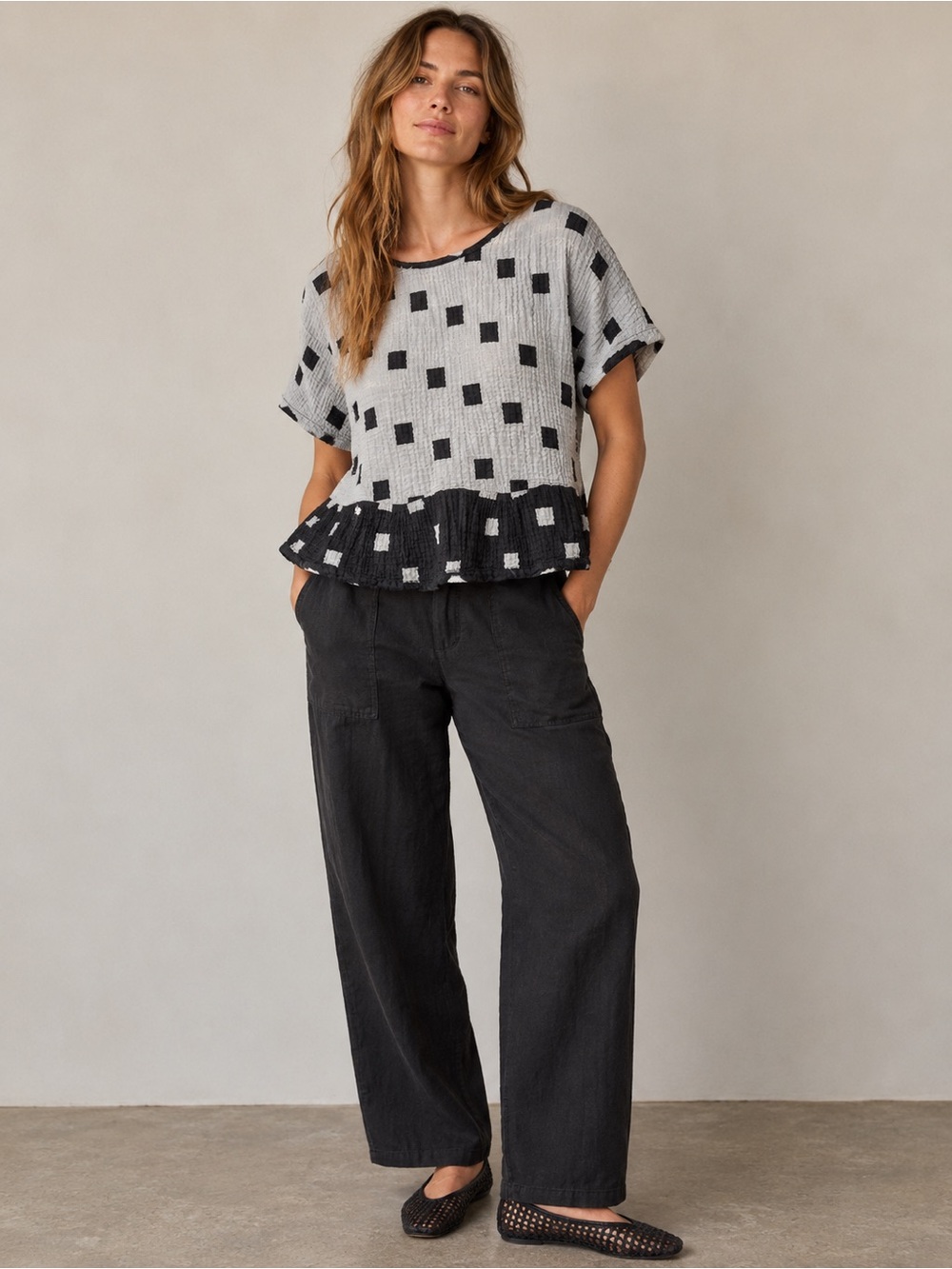 Ace & Jig Birdie Double Gauze Woven Cotton Top in Black and Grey Square-Print